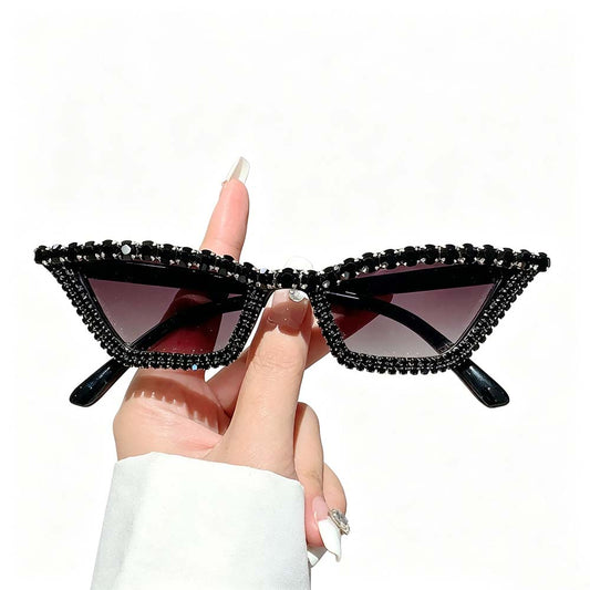 Black rhinestone cat eye sunglasses with gradient brown lenses