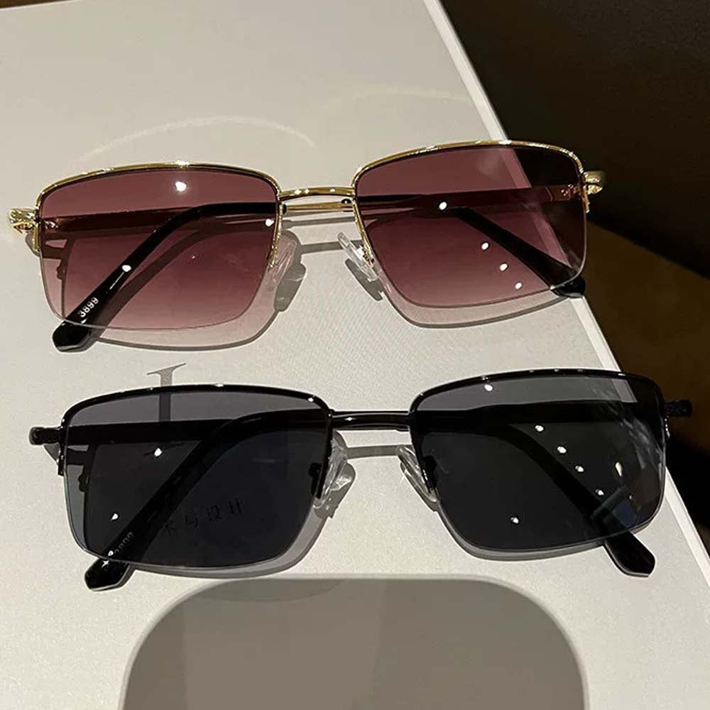 Retro-Halbrand-Rechtecksonnenbrille, minimalistischer UV400-Sonnenschutz mit Metallrahmen