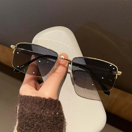 Retro Half-Rim Rectangle Sunglasses Minimalist Alloy Frame UV400 Shades