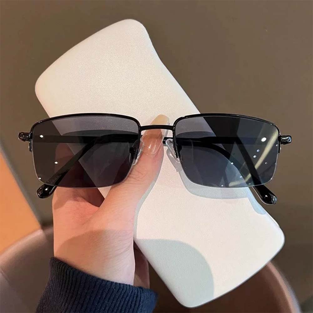 Retro-Halbrand-Rechtecksonnenbrille, minimalistischer UV400-Sonnenschutz mit Metallrahmen
