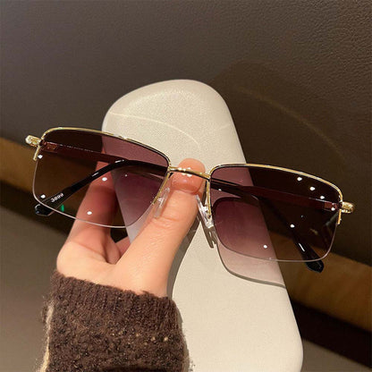 Retro-Halbrand-Rechtecksonnenbrille, minimalistischer UV400-Sonnenschutz mit Metallrahmen