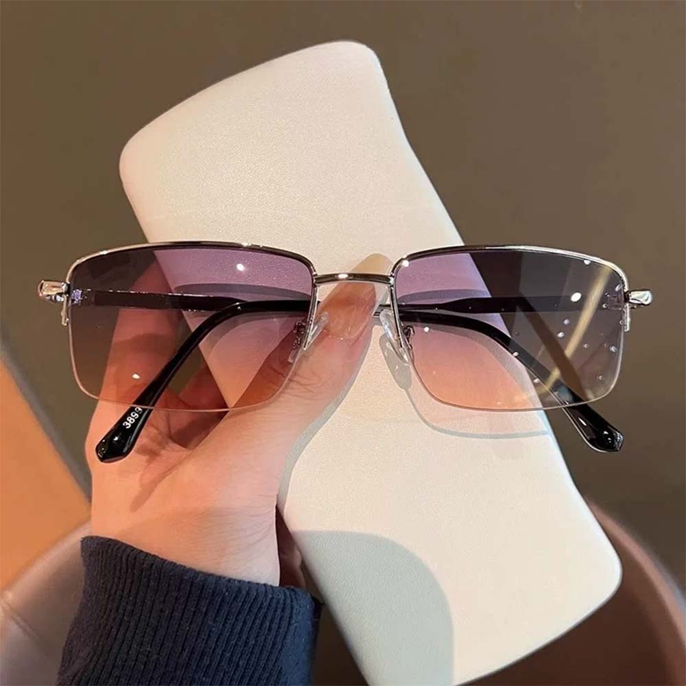 Retro-Halbrand-Rechtecksonnenbrille, minimalistischer UV400-Sonnenschutz mit Metallrahmen