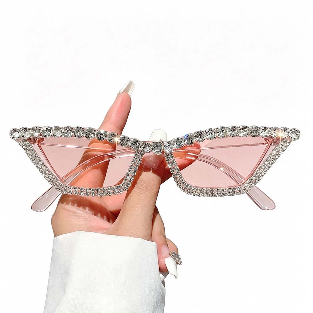 Pink rhinestone cat eye sunglasses with translucent pink lenses