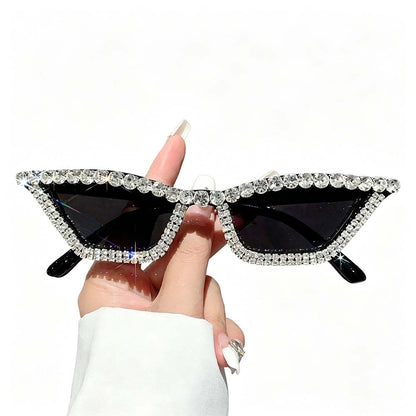 Black rhinestone cat eye sunglasses with dark lenses