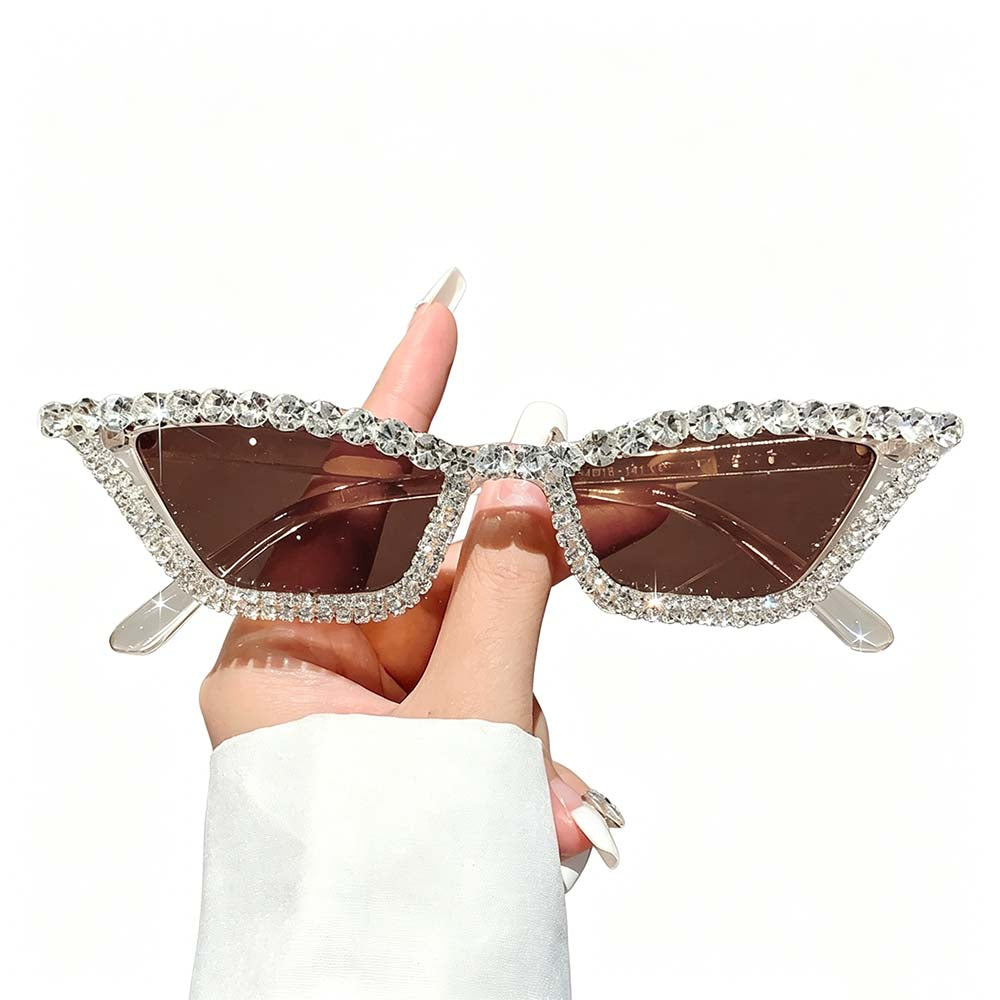 Clear rhinestone cat eye sunglasses with brown tinted lenses