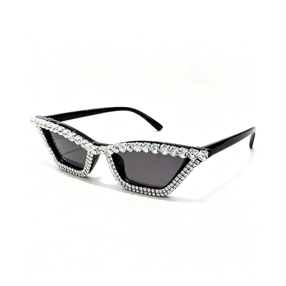 Side view of black rhinestone cat eye sunglasses