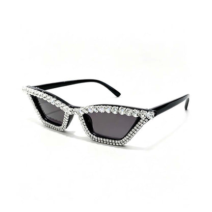 Side view of black rhinestone cat eye sunglasses