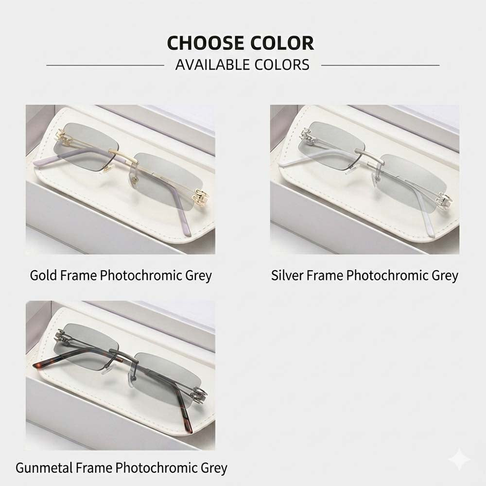 Three color options for rimless photochromic glasses in white boxes