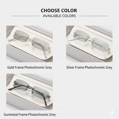 Three color options for rimless photochromic glasses in white boxes