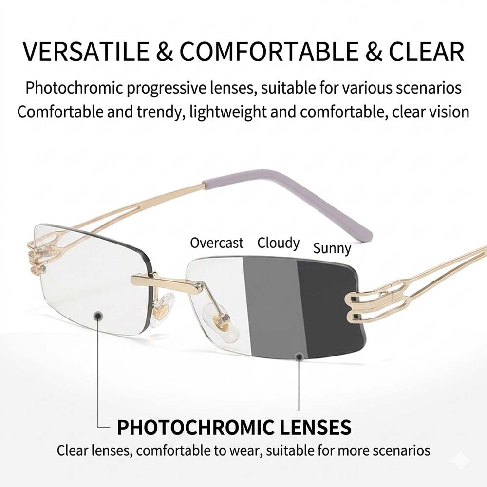 Gold rimless photochromic glasses showing lens transition from clear to dark gray
