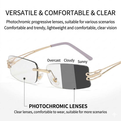 Gold rimless photochromic glasses showing lens transition from clear to dark gray