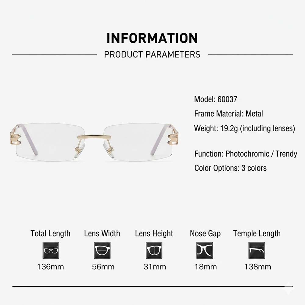 Rimless metal frame glasses specification chart showing dimensions and weight