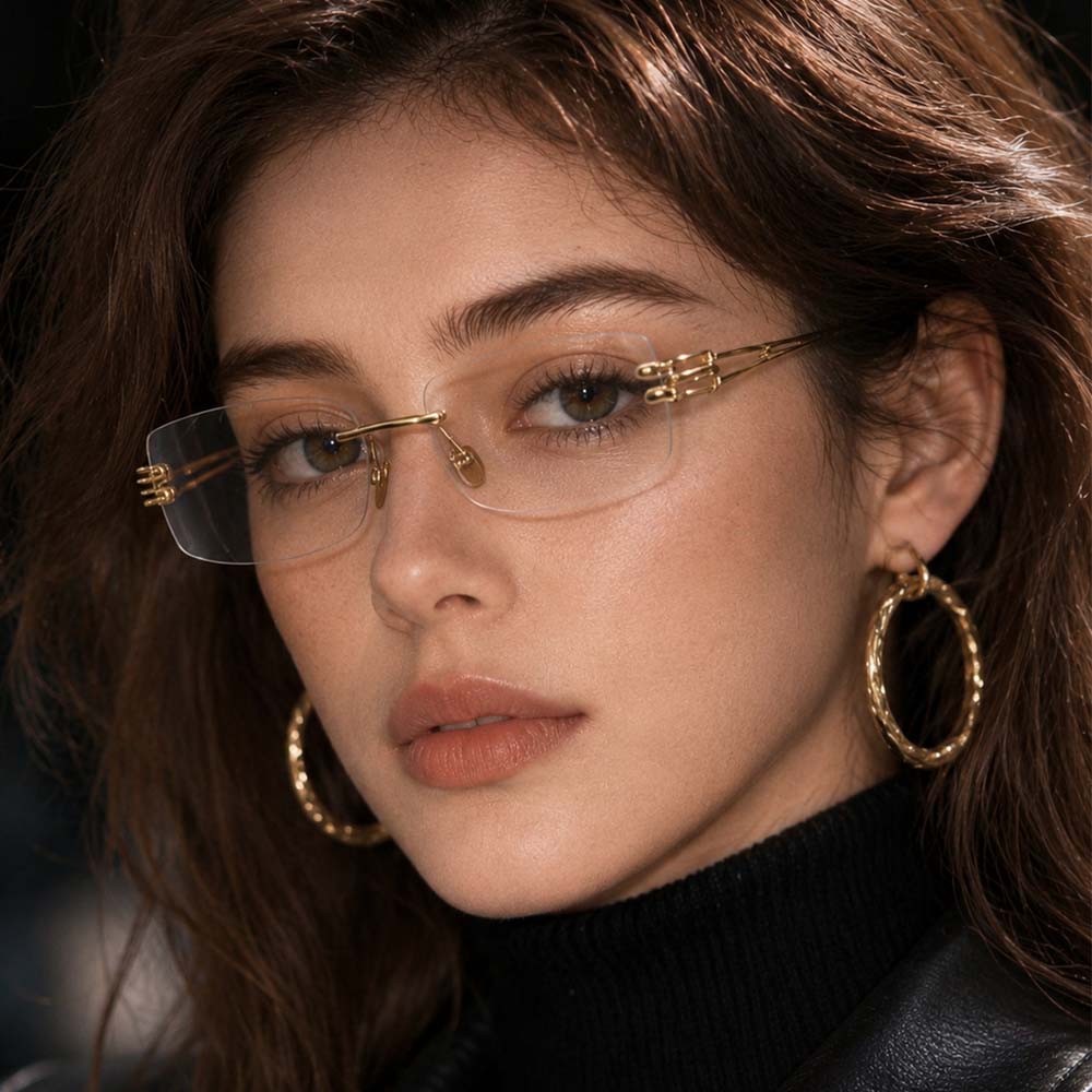 Woman wearing gold rimless minimalist glasses with adjustable nose pads