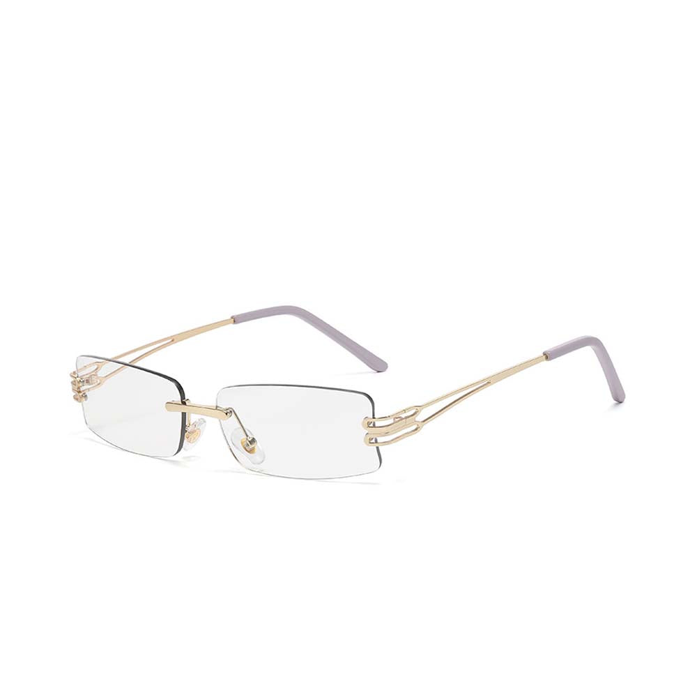 Lightweight gold rimless eyeglasses with lavender temple tips on white background