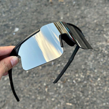 Black sports sunglasses with mirrored silver lenses for outdoor cycling and running