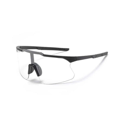 Black matte wraparound cycling sunglasses with UV400 shield lenses and textured temple grips