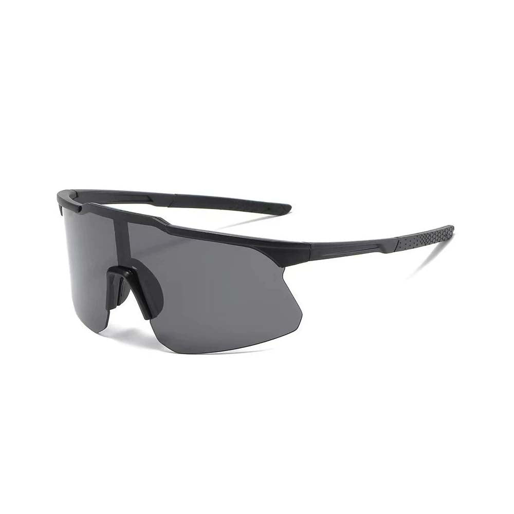 Black wraparound cycling glasses with dark gray tinted lenses and integrated nose bridge