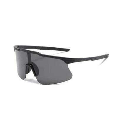 Black wraparound cycling glasses with dark gray tinted lenses and integrated nose bridge