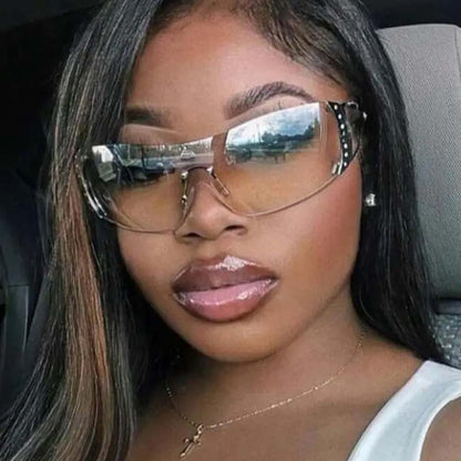 Y2K Rimless Shield Sunglasses Futuristic One-Piece Visor Eyewear