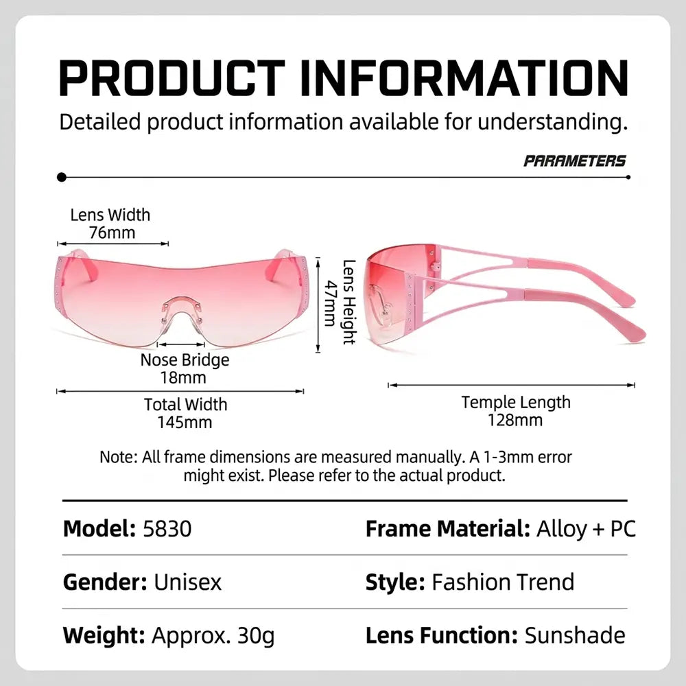 Y2K Rimless Shield Sunglasses Futuristic One-Piece Visor Eyewear