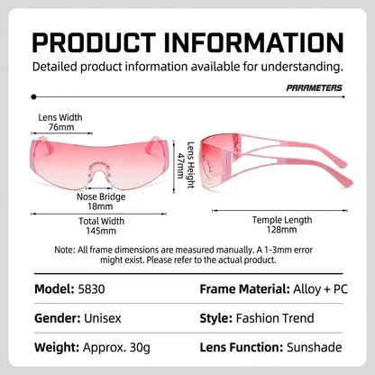 Y2K Rimless Shield Sunglasses Futuristic One-Piece Visor Eyewear