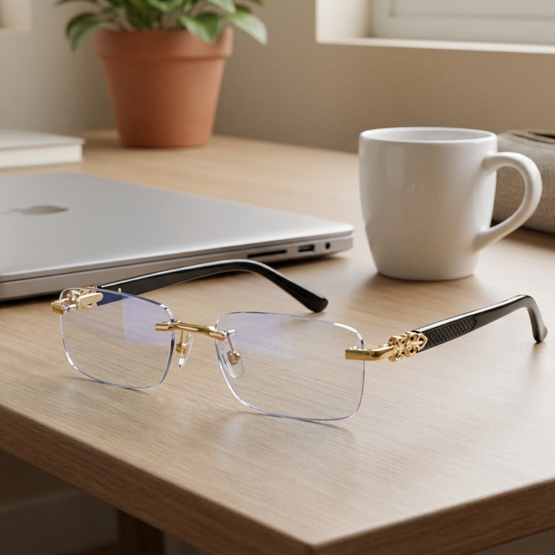 Rimless Blue Light Glasses on desk with laptop – office lifestyle
