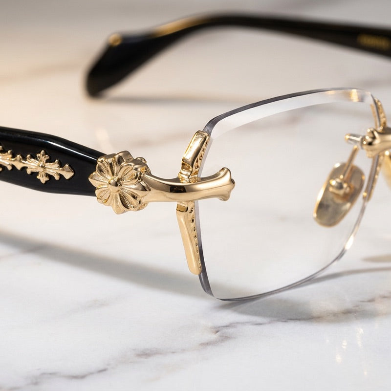 Rimless Blue Light Glasses gold hardware macro close-up